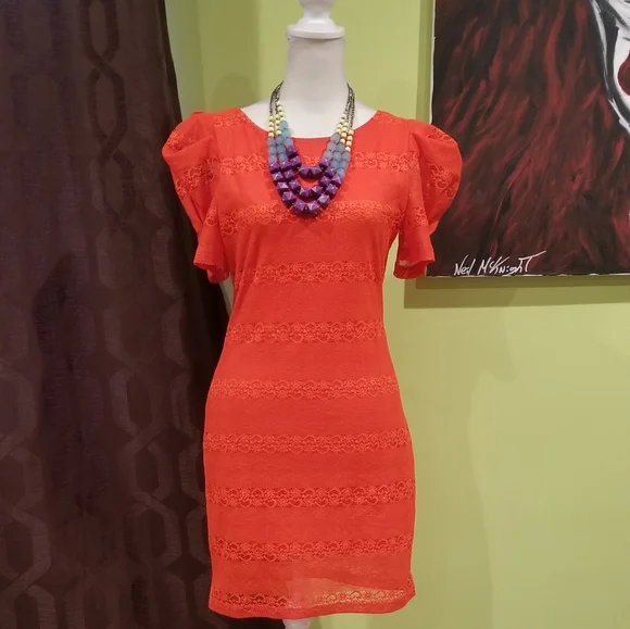 Bright Orange Mini Dress With Puff Sleeves - Picture 2 of 3